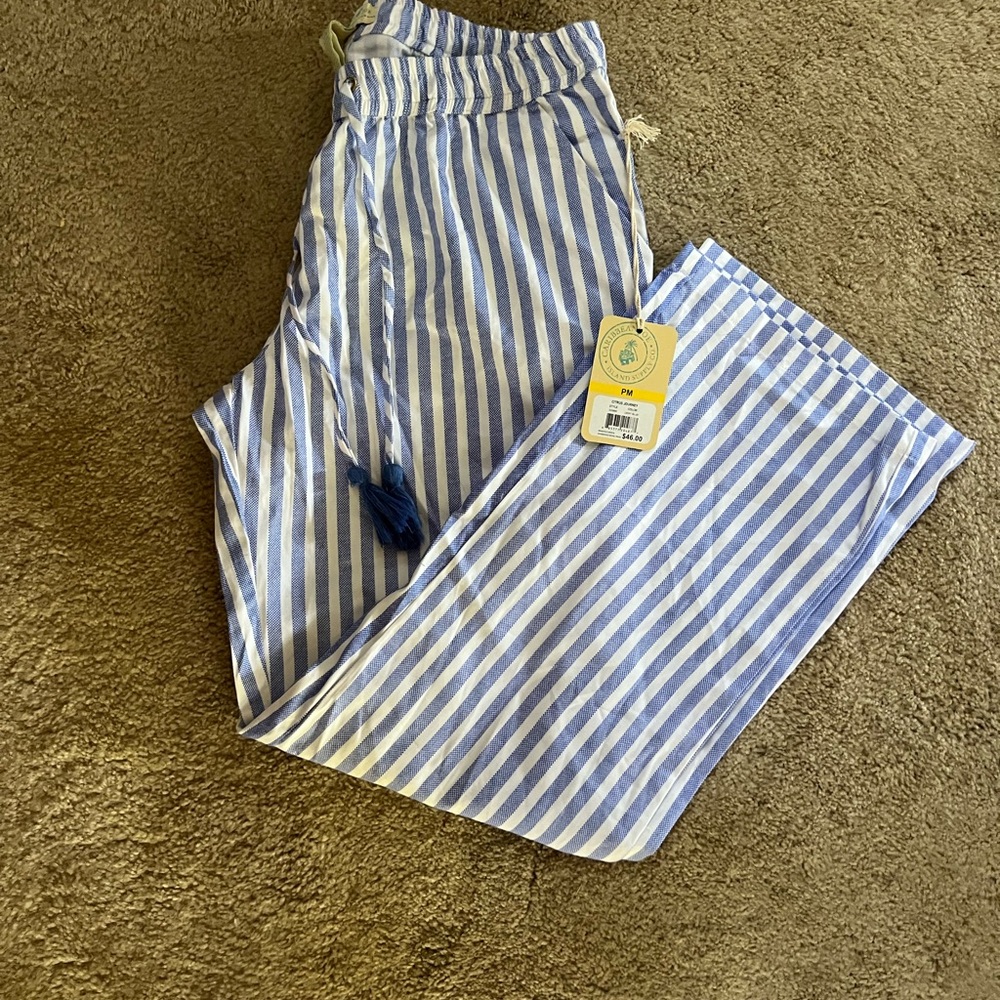 Caribbean Joe Blue and White Striped Casual Linen Like Pants